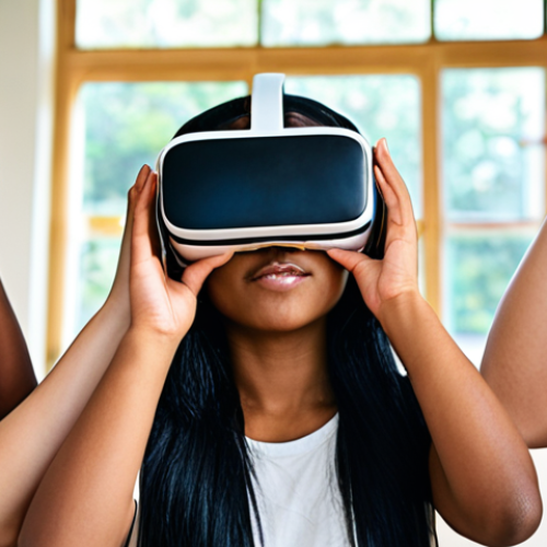 Home 4 A diverse group of students collaboratively working on a global project using virtual reality headsets, showcasing intercultural learning and technological immersion in an international education setting.