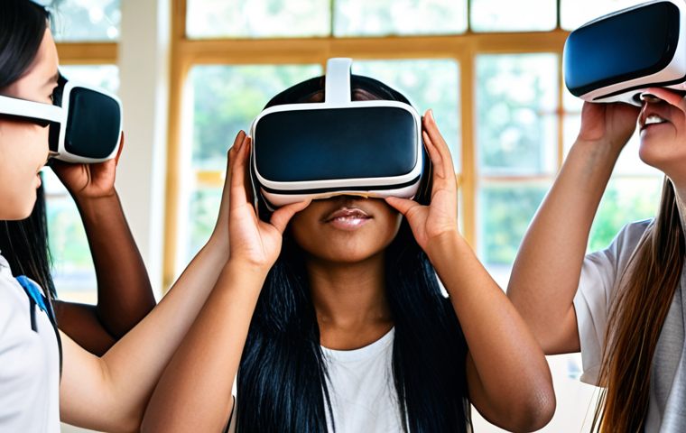 A diverse group of students collaboratively working on a global project using virtual reality headsets, showcasing intercultural learning and technological immersion in an international education setting.