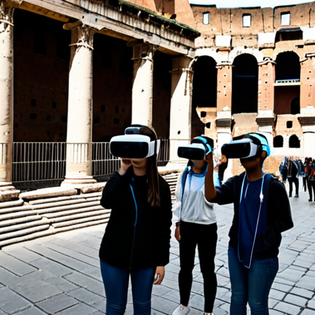 **

A diverse group of college students, fully clothed in appropriate attire, participating in a virtual reality field trip to the Colosseum in Rome. The scene shows a modern classroom setting with students wearing VR headsets and interacting with the virtual environment. Include elements of technology, such as visible screens and wires, alongside the ancient Roman architecture visible through the VR headsets. The overall atmosphere is educational and engaging. Safe for work, appropriate content, family-friendly, professional setting, perfect anatomy, natural proportions.

**