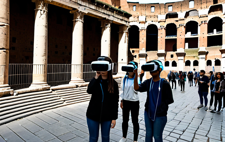 **

A diverse group of college students, fully clothed in appropriate attire, participating in a virtual reality field trip to the Colosseum in Rome. The scene shows a modern classroom setting with students wearing VR headsets and interacting with the virtual environment. Include elements of technology, such as visible screens and wires, alongside the ancient Roman architecture visible through the VR headsets. The overall atmosphere is educational and engaging. Safe for work, appropriate content, family-friendly, professional setting, perfect anatomy, natural proportions.

**