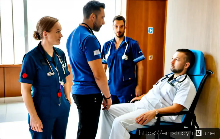 Home 11 해외연수코디네이터 위기 상황 대처법 - Photorealistic international training coordinator calmly managing a medical emergency in a modern ho...